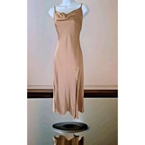 Paper Heart Maxi Slip Dress S Brown Satin Cowl Neck Adjustable Straps Slit Sexy